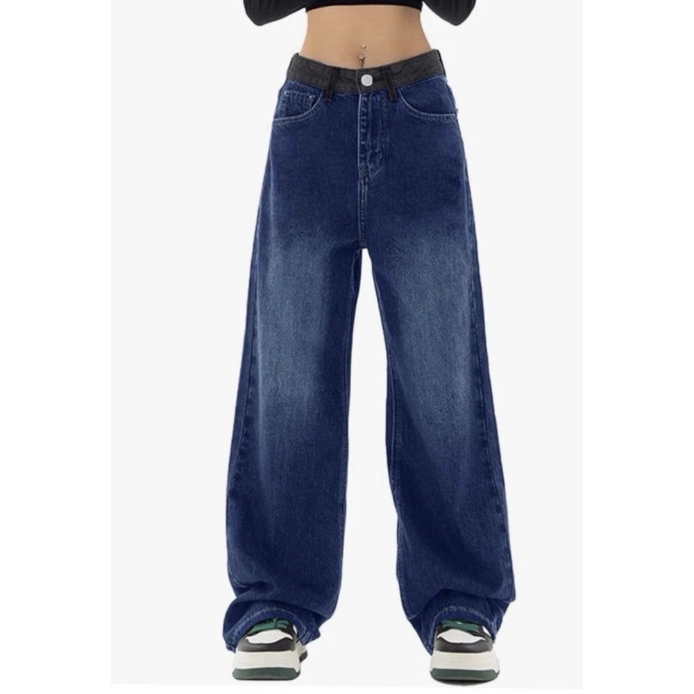EMMIOL Women Baggy Jeans Patchwork Mid-Low Waist Wide Size L